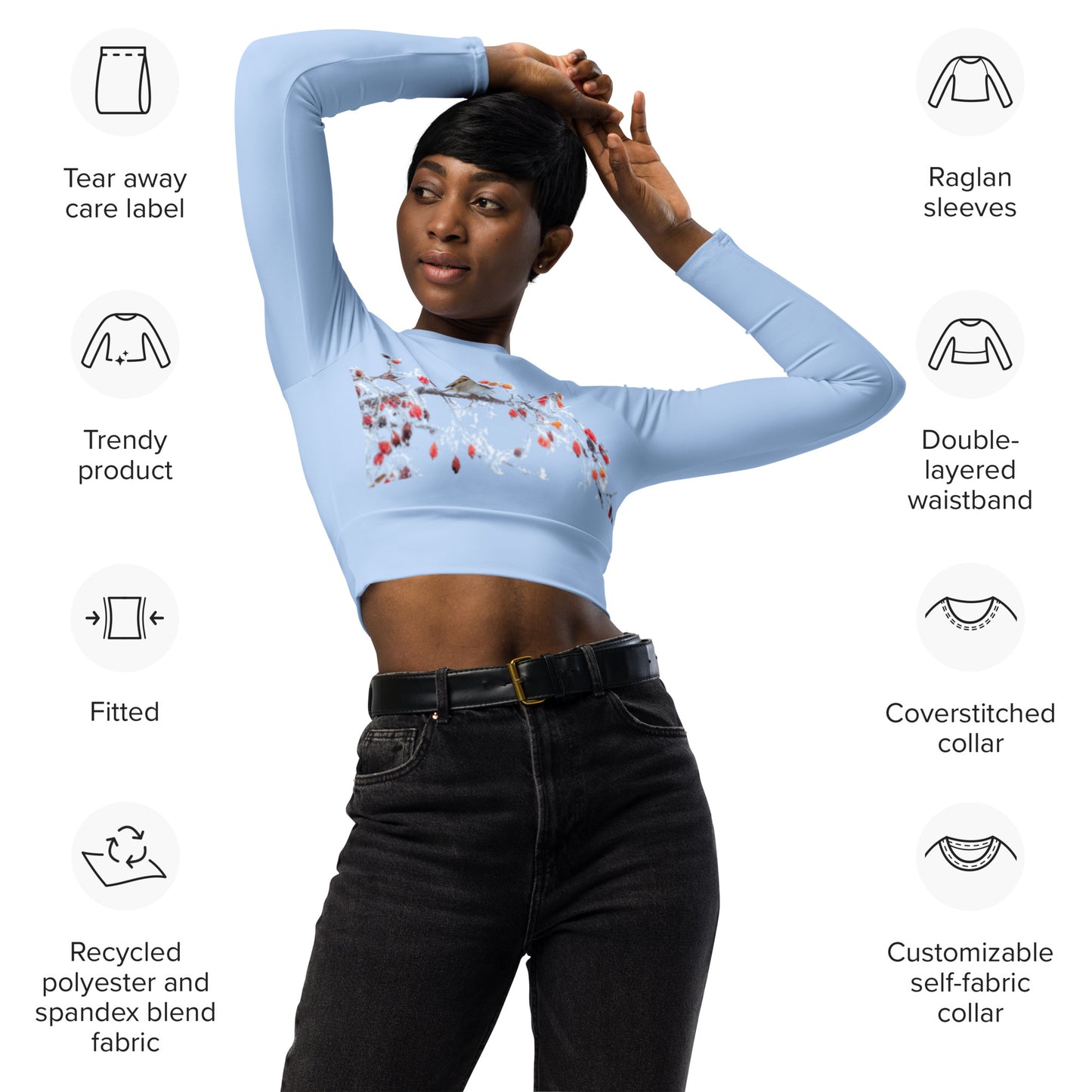 Bird Floral Light Blue Long-Sleeve Crop Top