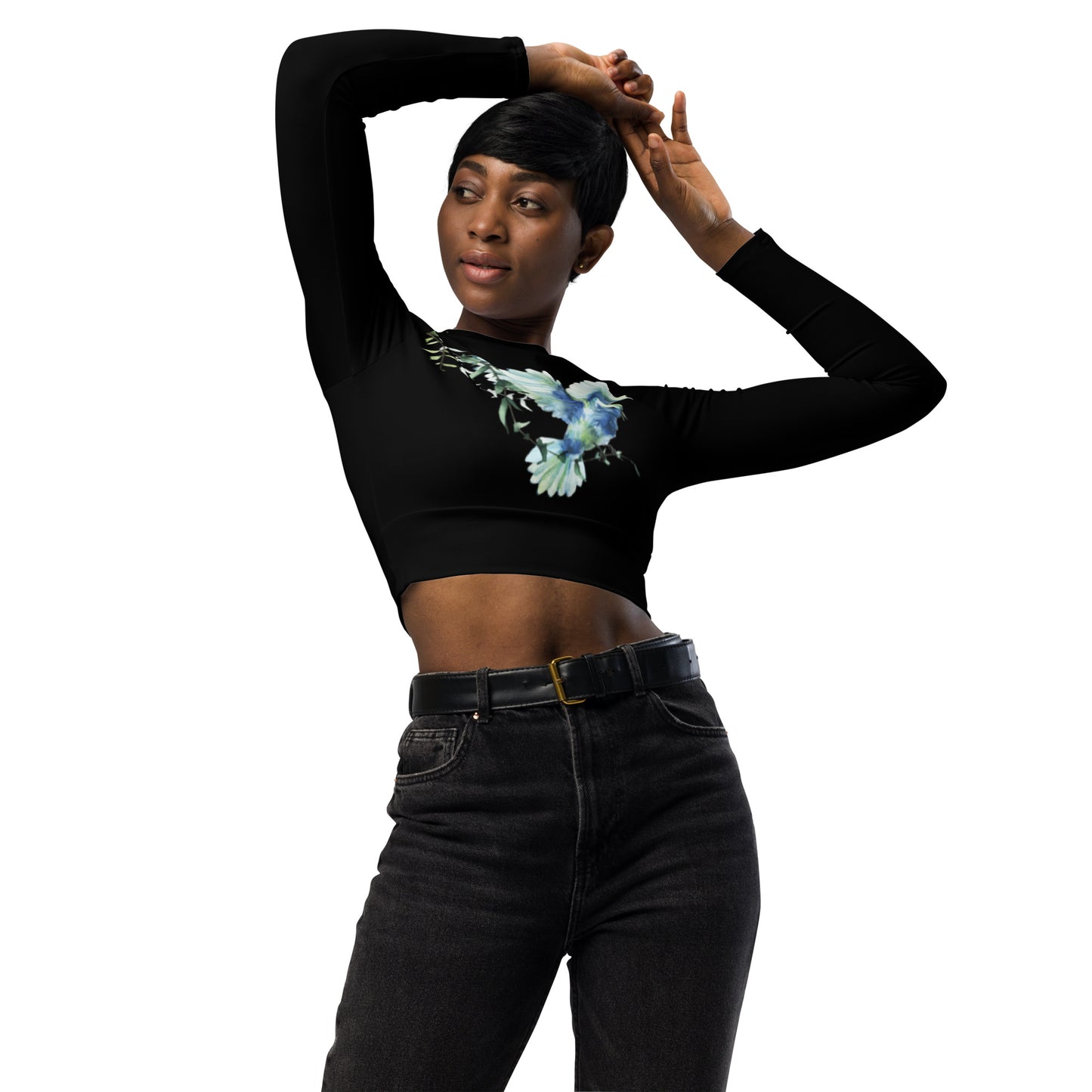 Black Bird Floral Graphic Long-Sleeve Crop Top