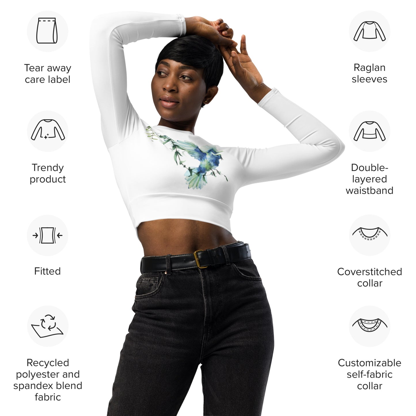 Bird Floral Graphic White Long-Sleeve Crop Top