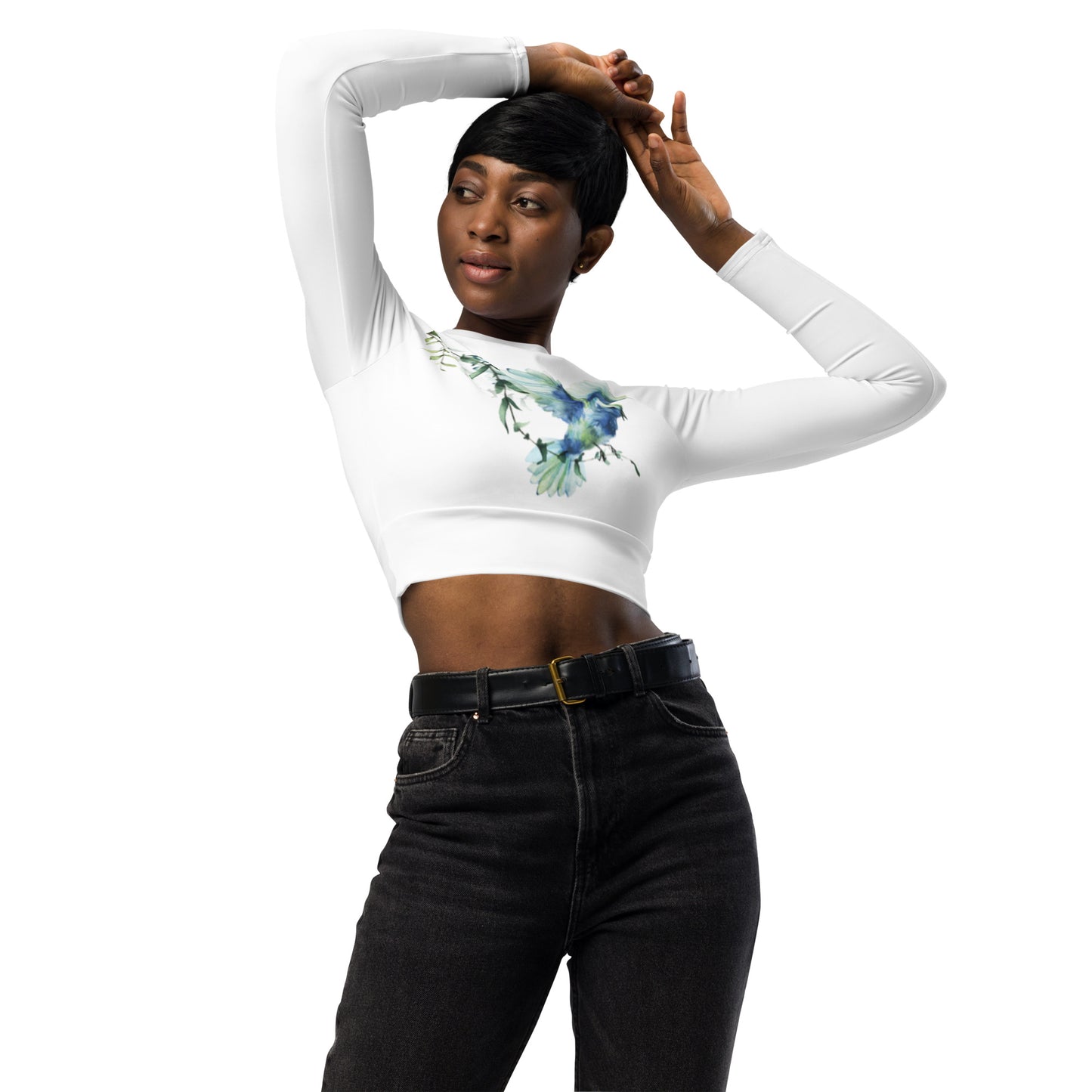 Bird Floral Graphic White Long-Sleeve Crop Top