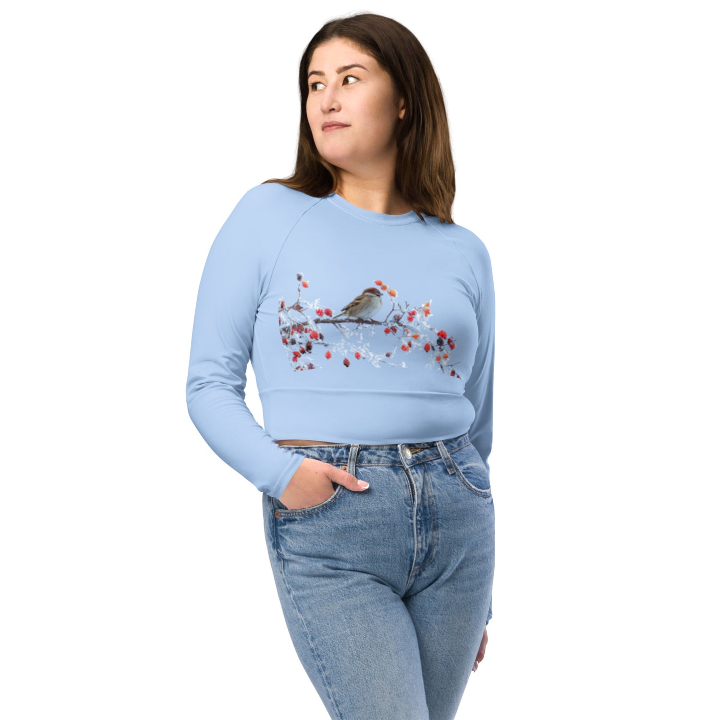 Bird Floral Light Blue Long-Sleeve Crop Top