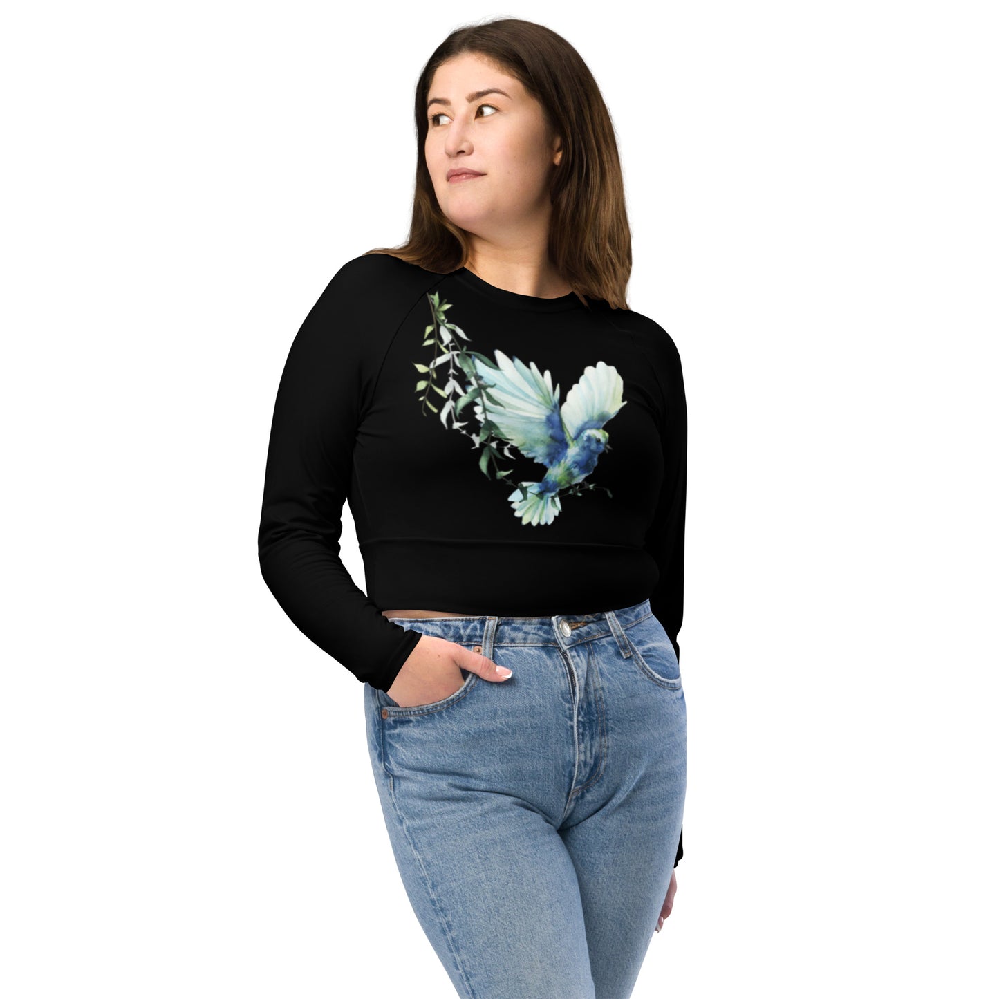 Black Bird Floral Graphic Long-Sleeve Crop Top