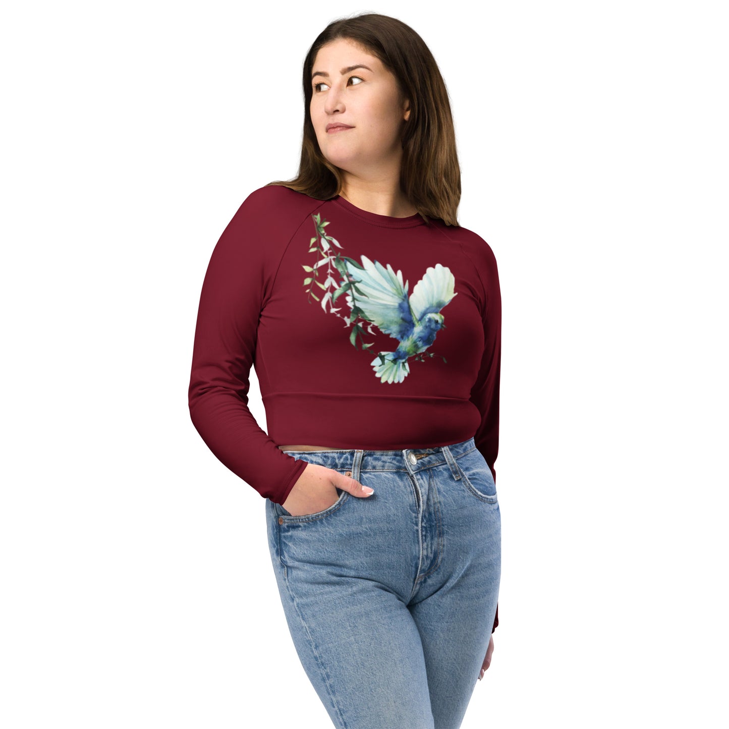 Bird Floral Graphic Red Long-Sleeve Crop Top