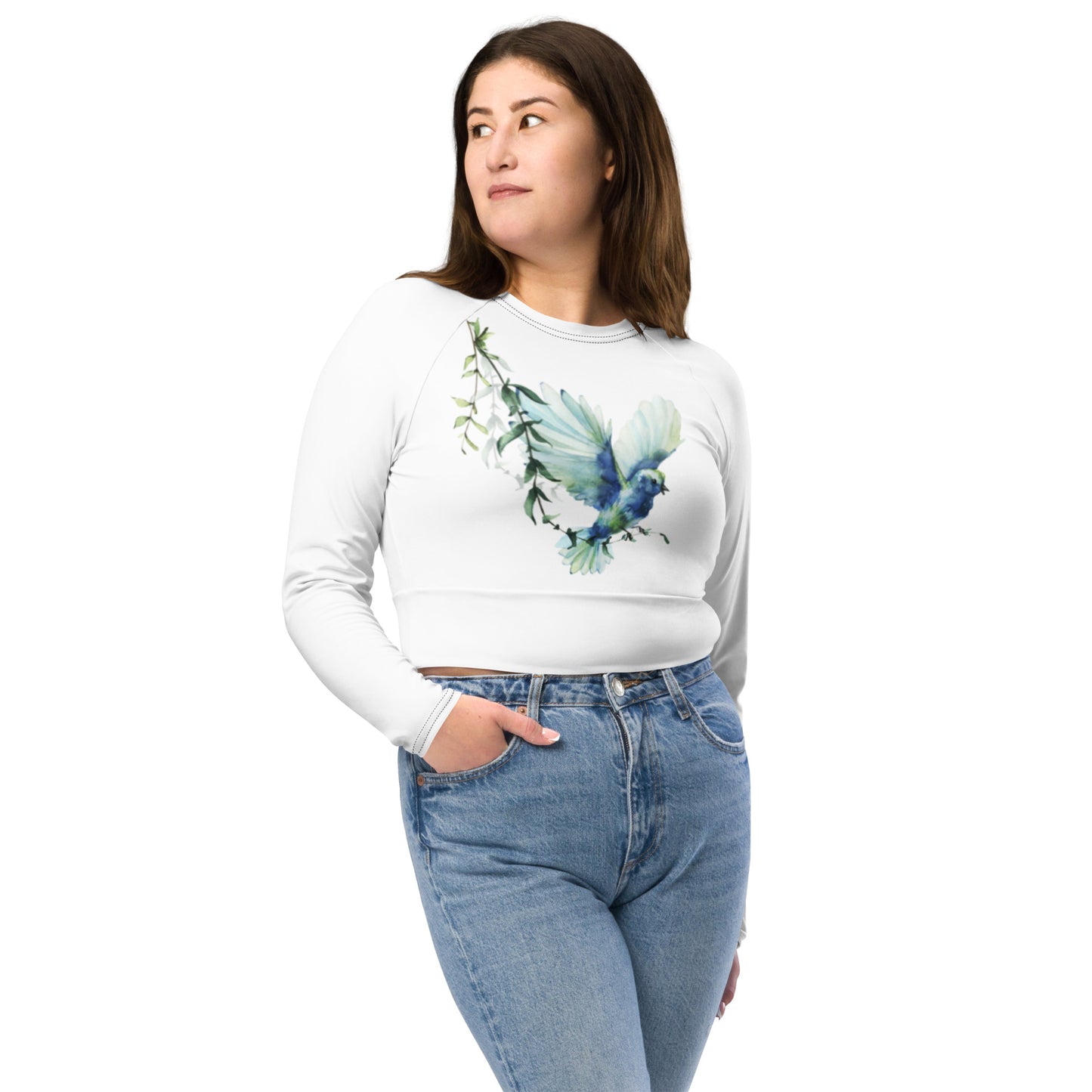 Bird Floral Graphic White Long-Sleeve Crop Top