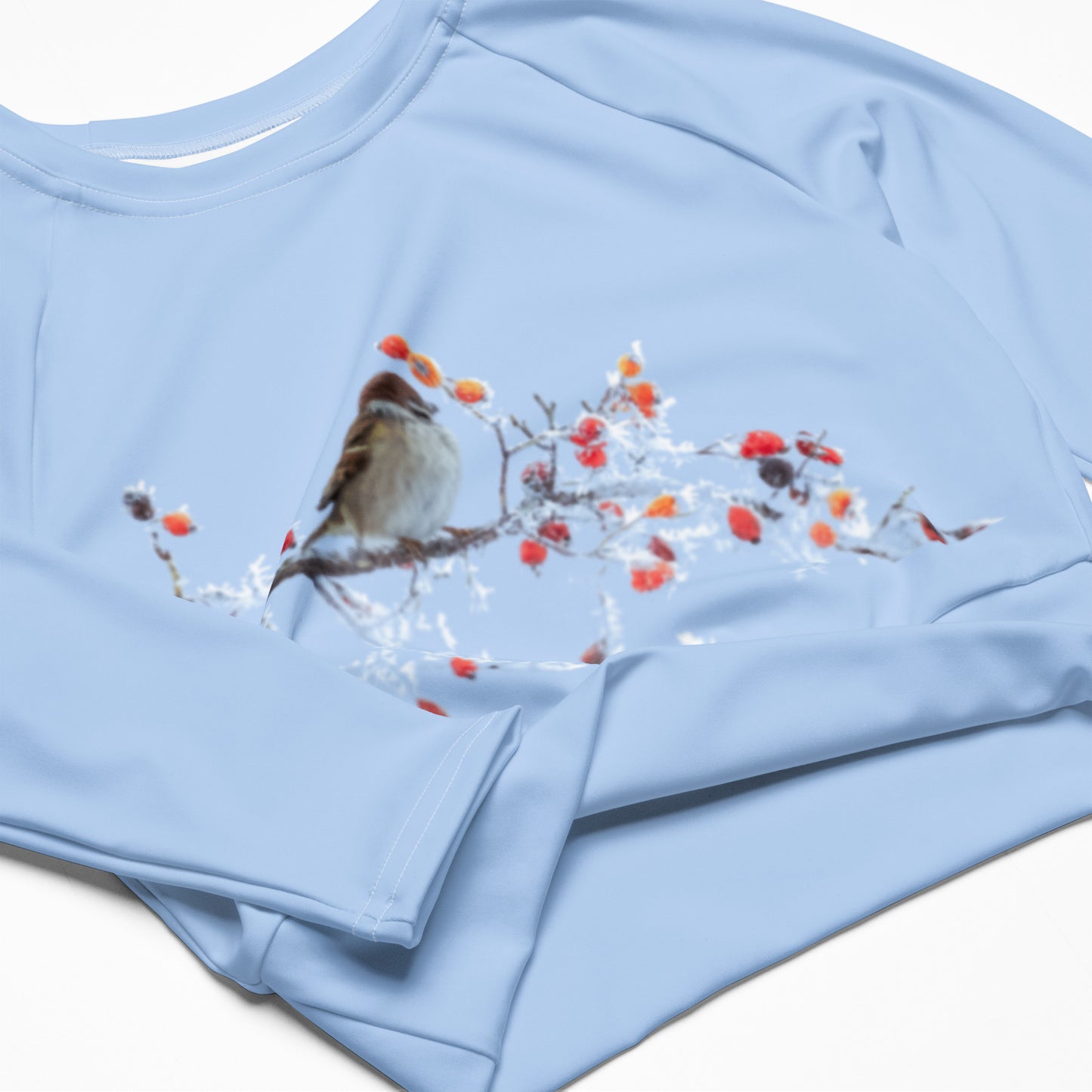 Bird Floral Light Blue Long-Sleeve Crop Top