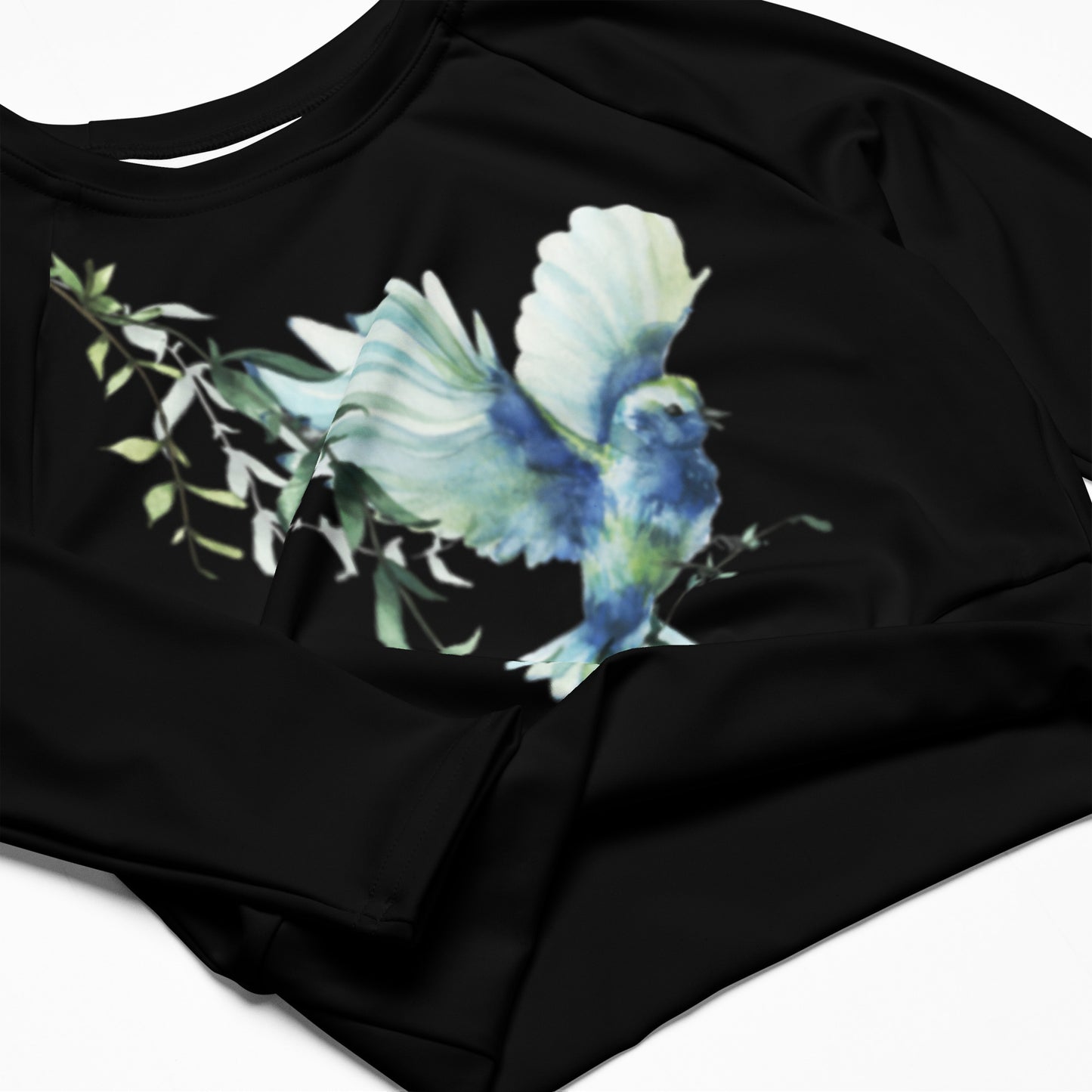 Black Bird Floral Graphic Long-Sleeve Crop Top