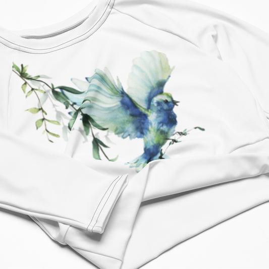 Bird Floral Graphic White Long-Sleeve Crop Top